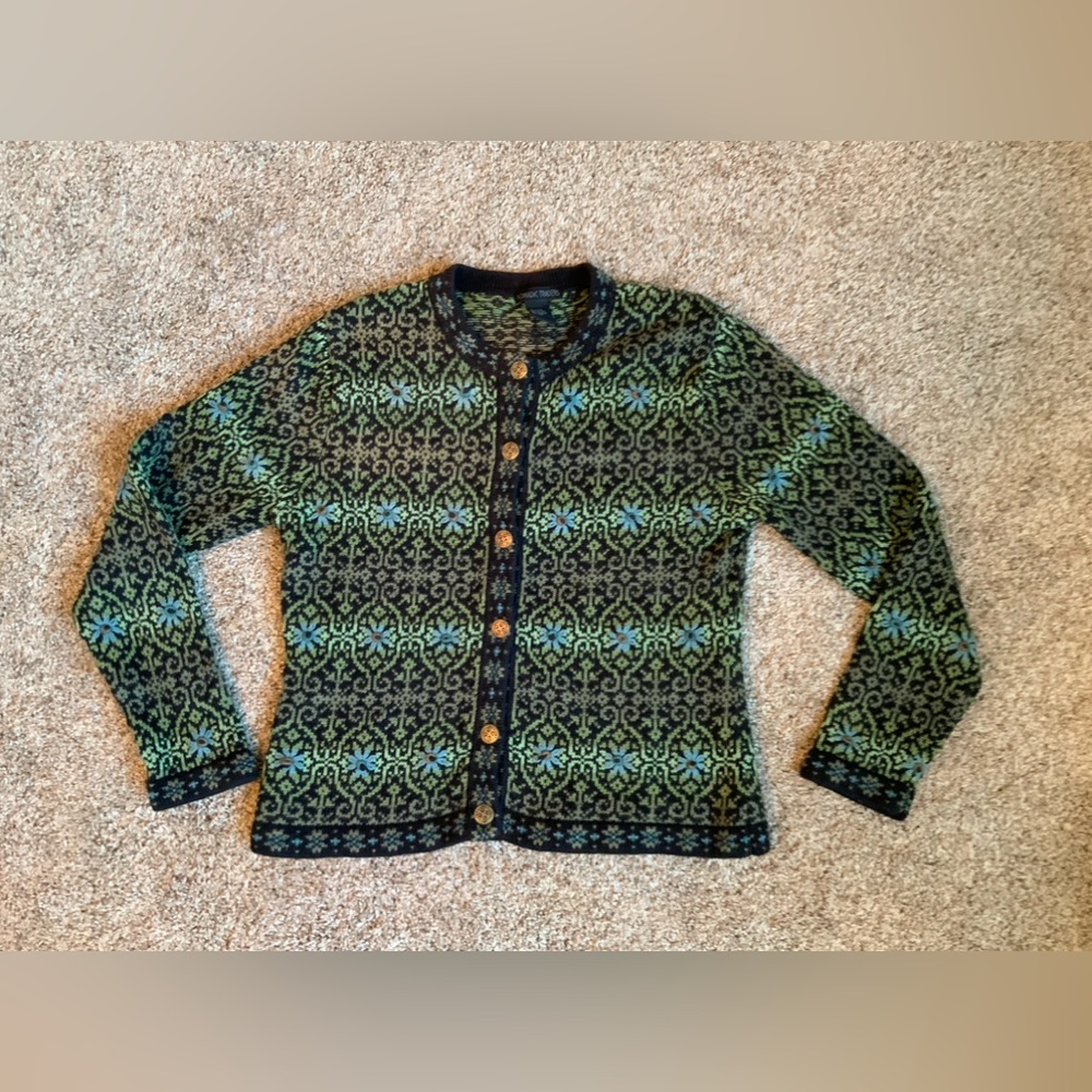 Nomadic Traders Green and Black Patterned Wool Cardigan